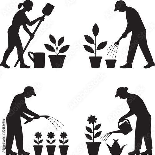 Four silhouettes of people gardening and watering plants in pots on a white background art piece
