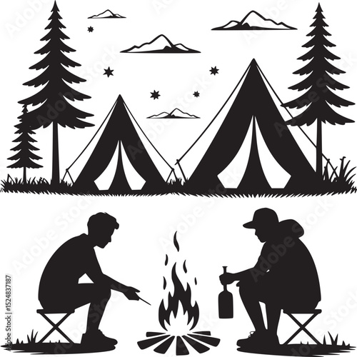 Silhouette of camping scene with tents trees mountains and people around a campfire at night time