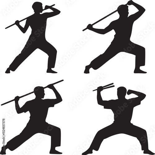Four silhouettes of martial artists in action with sticks and nunchucks on a white background