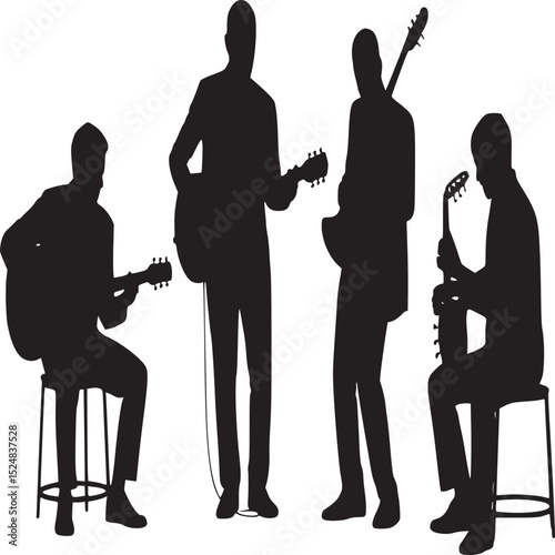 Silhouette of four musicians playing guitars and saxophone on a white background illustration