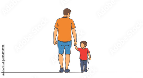 Father and Son Walking Together, Holding Hands, Back View