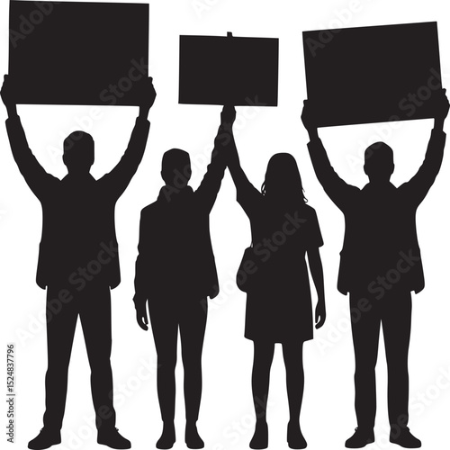 Silhouette of four people holding signs above their heads in a protest on a white background