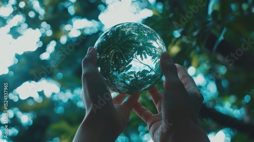 Nature's Embrace, Glass Sphere Reflecting the Serenity of a Lush Forest