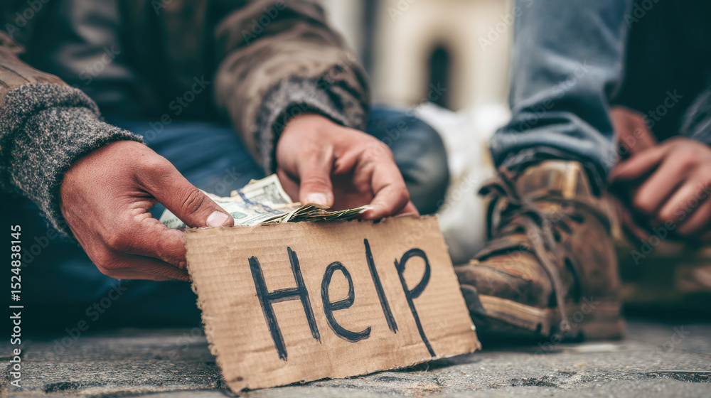 Fototapeta premium closeup of person giving money to homeless individual sitting on street with sign for help