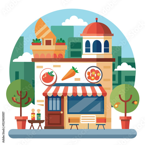 Colorful Vector Illustration of a Grocery Storefront with Trees and Building Skyline