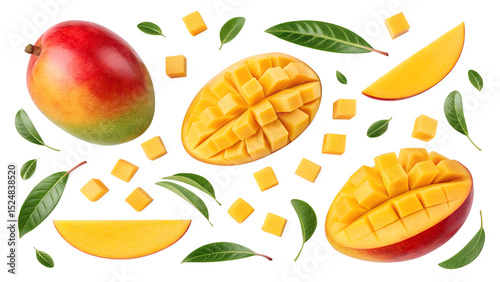 Exotic mango composition, featuring whole ripe mangoes, perfectly sliced pieces and small flavorful cubes, scattered with lush green leaves on transparent background
