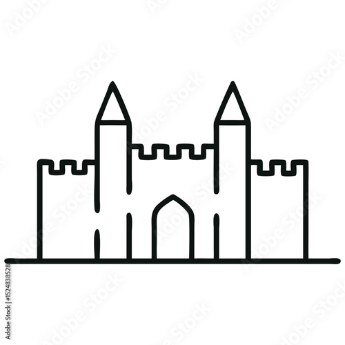 Simple Castle Outline Drawing Illustration of a Minimalist Fortress with Towers and Gate