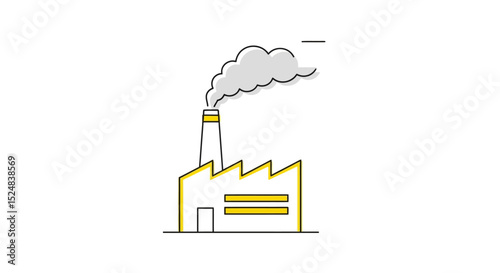 Minimalist Factory Illustration with Smoke Emission and Yellow Accents
