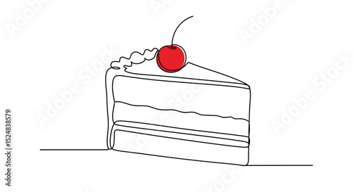 One-Line Drawing of a Delicious Cake Slice with Cherry