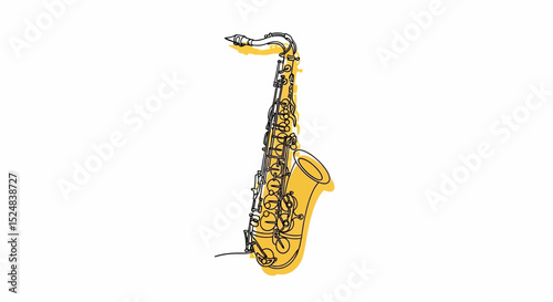 Stylized Yellow Saxophone Illustration with Black Outline on Transparent Background