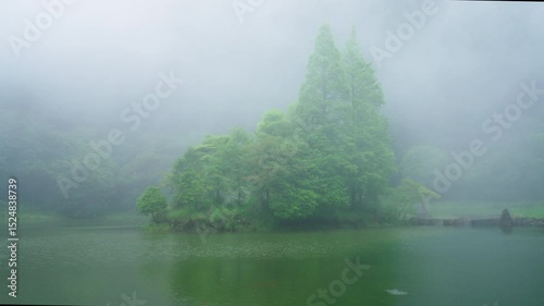 Misty lake surrounded by lush forests creates a serene atmosphere during gentle rainfall
