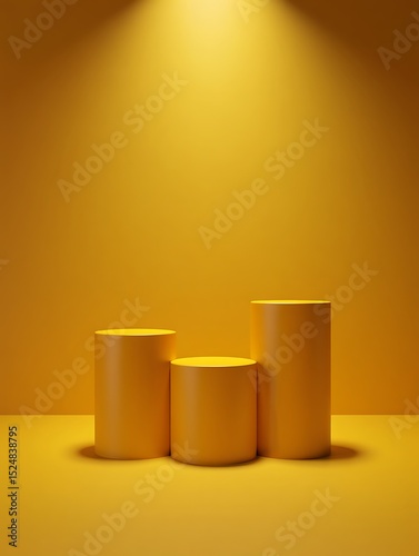 Minimalist Yellow Cylindrical Display Stand, Product Presentation Mockup, 3D Render, Abstract Background, Studio Lighting