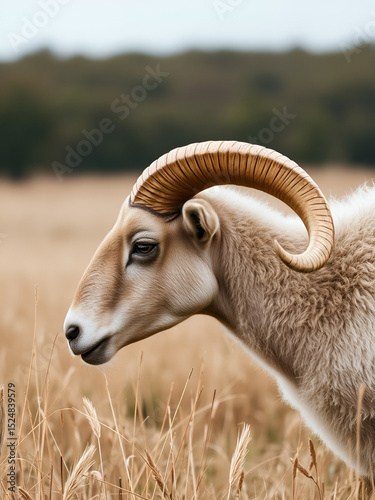 Ram Side portrait, Grazing in a field, Overcast