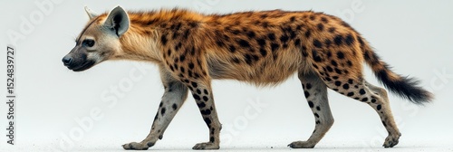 Hyena walking against a white background showcasing its spotted fur and natural look