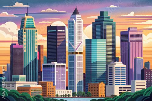 Vector illustration of a cityscape at sunset with modern skyscrapers and glowing sky ideal for urban design, travel ads, real estate, and futuristic themes