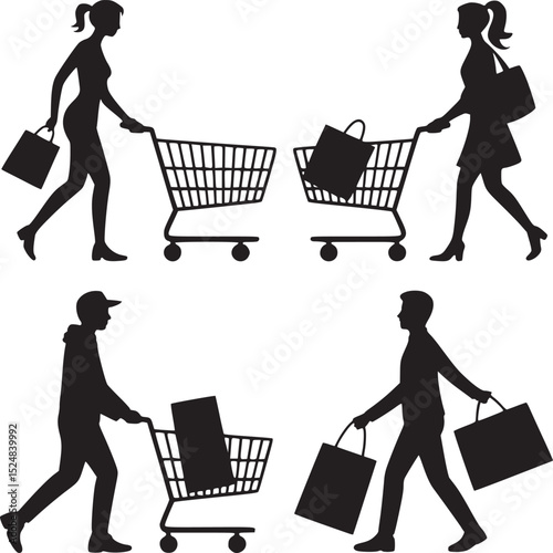 Silhouettes of people shopping with carts and bags in a black and white illustration design style