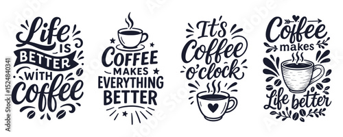 Coffee Quote Bundle Design – Hand-Drawn Typography with Coffee Cups and Positive Sayings for Café and Kitchen Decor