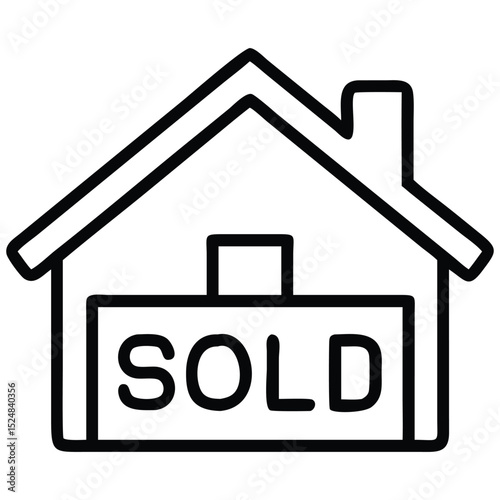 Simple House Icon with Sold Sign, Real Estate Symbol Outline
