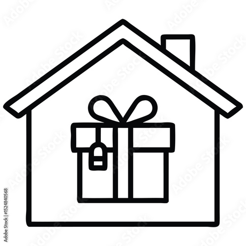 Simple House Outline with Gift Inside, Present for Home, Real Estate Theme