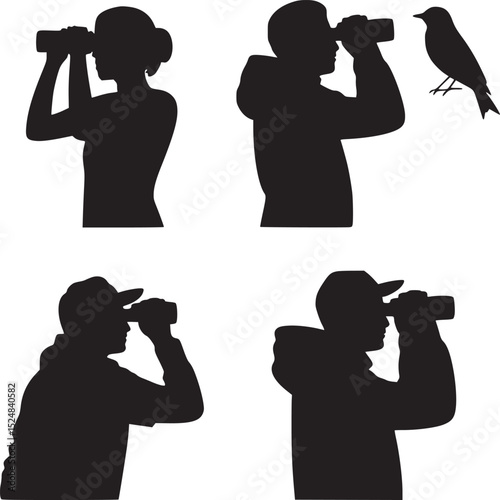 Silhouettes of people and a bird using binoculars for observation on a white background illustration