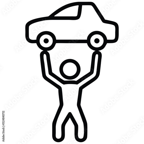 Simple Icon Illustration Person Lifting a Car Overhead, Creative Strength Representation
