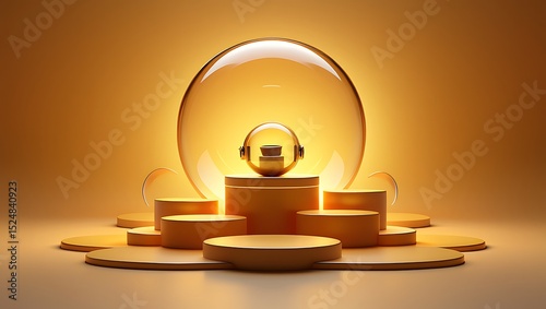 Golden Abstract Sphere Product Display Minimalist 3D Render of a Product Showcase with Illuminated Glass Dome and Circular Pedestal