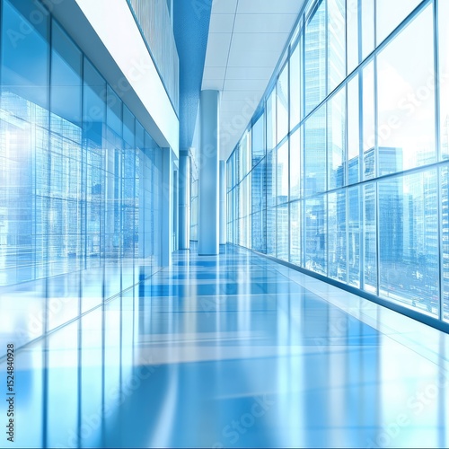 Modern glass corridor with city views
