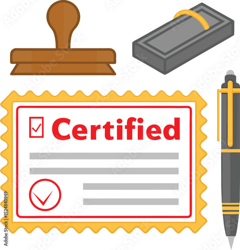 Certification vector illustration, stamp, ink pad, and pen for official approval or validation.
