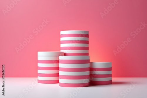 Pink and White Striped Cylinders on Pink Background Minimalist Product Display Mockup
