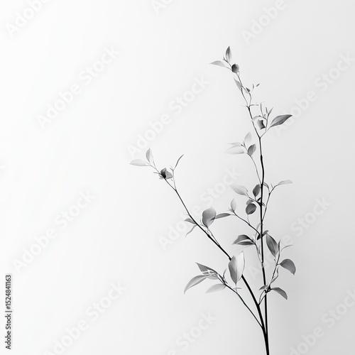 Minimalist monochrome photograph of a slender plant with delicate leaves and small buds against a plain white background