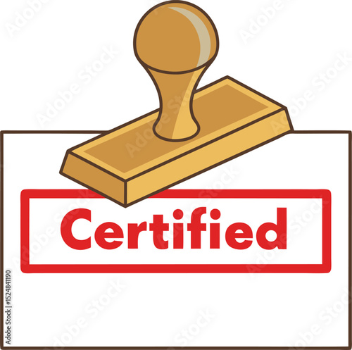 Vector Illustration of a Wooden Stamp Marking a Document as Certified in Red.