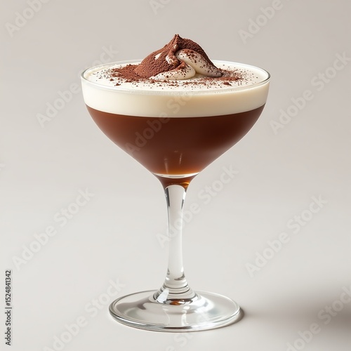 Frozen espresso martini with thick foam and dusting, Creamy brown cocktail with chocolate rim detail, Transparent background with realistic shadow, Chilled dessert drink concept in modern glass