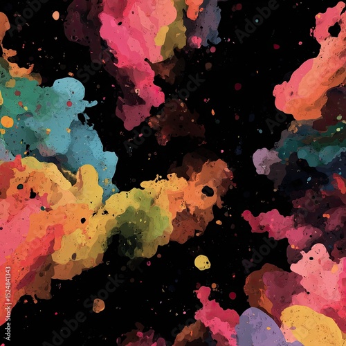 Abstract artwork featuring vibrant, multicolored splatters on a black background