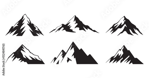 Diverse Black Mountain Silhouettes Set: Nature, Adventure, and Landscape Icons