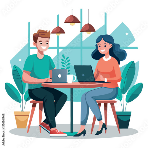Couple Working Together on Laptops at Cafe, Surrounded by Indoor Plants and Natural Light