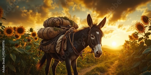 Rustic Village Scene with Donkey and Grain