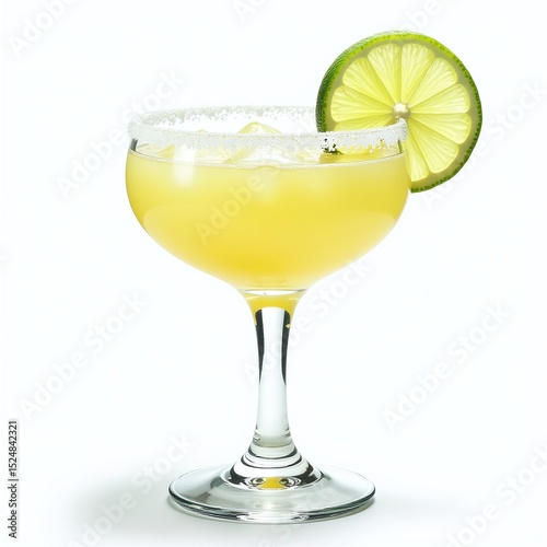 Classic margarita in coupe glass with salt rim, Fresh lime garnish on cocktail drink, Isolated on transparent background with shadow, Vibrant citrus tequila refreshment