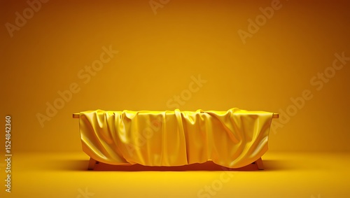 Golden Draped Platform Minimalist 3D Render of Elegant Yellow Fabric on a Stand, Perfect for Product Display or Abstract Background