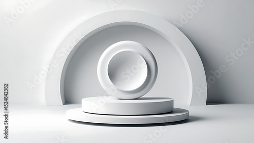 Abstract White Minimalist 3D Render Circular Platform and Archway