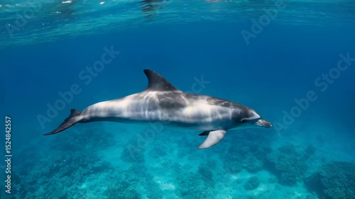 Wallpaper Mural Mottled Dolphin Swimming Gracefully Through Azure Waters Above Textured Coral Reef Landscape Torontodigital.ca