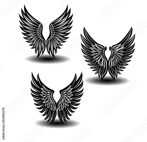Clean black and white vector pack of feathered angel wings. Suitable for branding themes, sacred tattoo work, fantasy artwork, and minimalist religious icons.

