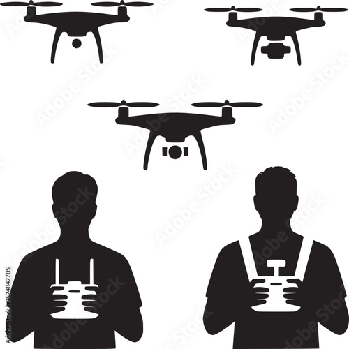 Silhouettes of people controlling drones with remote controllers on a white background illustration