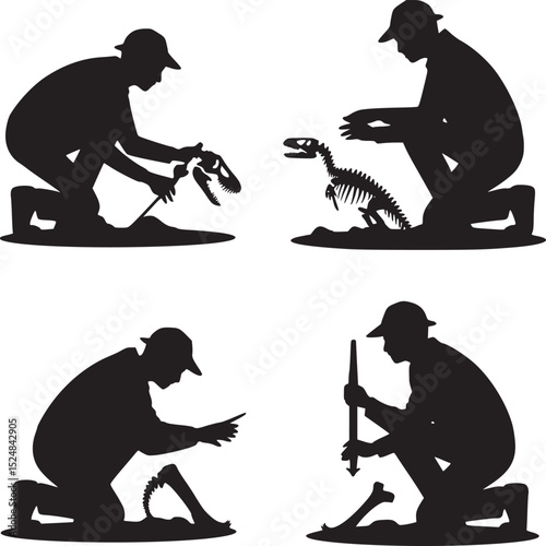 Silhouette depictions of paleontologists excavating and examining dinosaur fossil remains on white backdrop