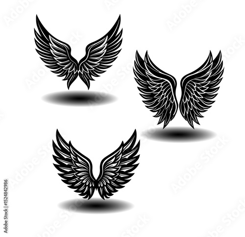 Stylized angel wing icons in vector black and white format. Feather outlines ideal for tattoo flash, logo branding, and fantasy graphic design applications.

