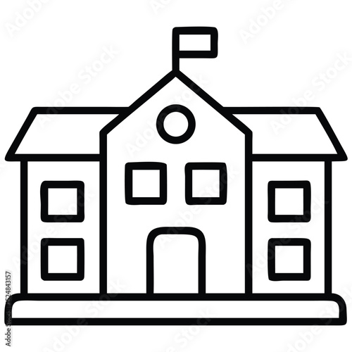 Simple Outline Icon Illustration of a School Building with Flag and Windows