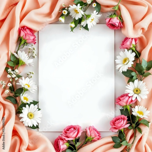 Peachy Pink Floral Frame with Blank Paper – Elegant Spring Mockup