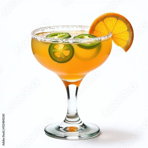 Spicy margarita with jalape�o slices in coupe glass, Orange twist garnish on salted rim, Transparent isolated background with sharp lighting, Unique bold cocktail for modern menus