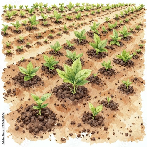 Planting Seeds in Neat Rows Watercolor Clipart - Hand-Painted Gardening Illustration