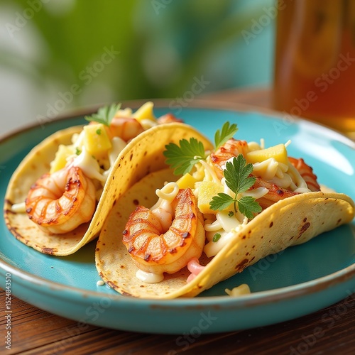Spicy shrimp tacos with pineapple slaw, Presented on vibrant ceramic plate, Bright summer setup with beachy tones, High-resolution food styling details