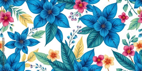 Blue floral tropical leaves seamless pattern; hand-drawn naive style, white background vector illustration, flower, jungle